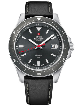 Angle shot of Swiss Military By Chrono SM34082.06 Grey Dial Black Leather Unisex Watch on white background