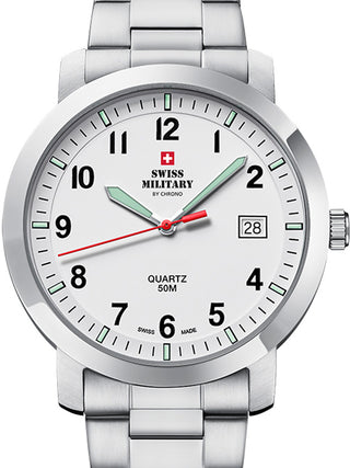 Front view of Swiss Military By Chrono SM34083.08 White Dial Silver Stainless Steel Unisex Watch on white background