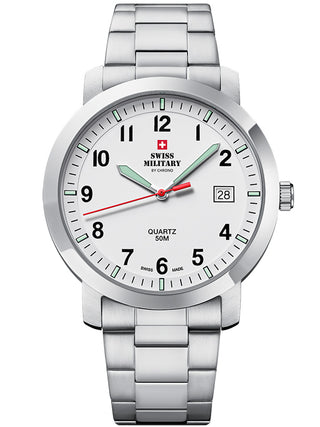 Angle shot of Swiss Military By Chrono SM34083.08 White Dial Silver Stainless Steel Unisex Watch on white background