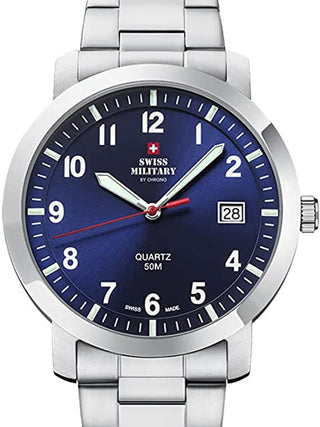 Front view of Swiss Military By Chrono SM34083.09 Blue Dial Silver Stainless Steel Unisex Watch on white background