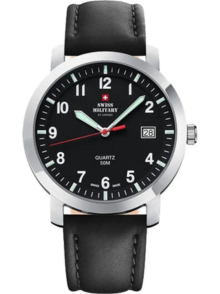 Angle shot of Swiss Military By Chrono SM34083.10 Black Leather Unisex Watch on white background