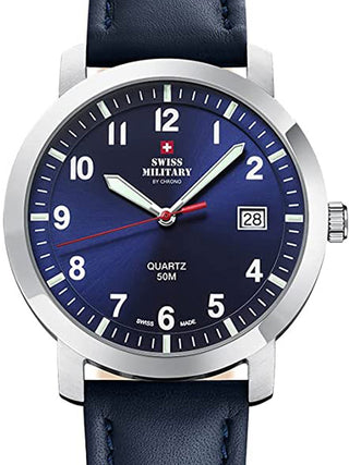 Front view of Swiss Military By Chrono SM34083.12 Blue Leather Unisex Watch on white background