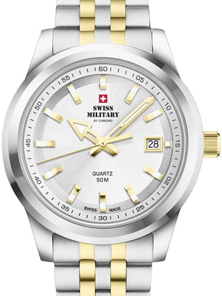 Front view of Swiss Military By Chrono SM34094.04 Silver Dial Gold Stainless Steel Unisex Watch on white background