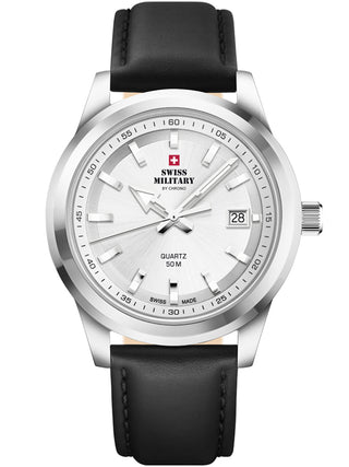 Angle shot of Swiss Military By Chrono SM34094.06 Silver Dial Black Leather Unisex Watch on white background