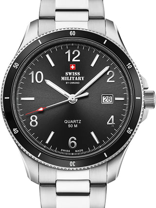 Front view of Swiss Military By Chrono SM34096.01 Black Dial Silver Stainless Steel Unisex Watch on white background