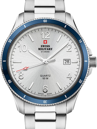 Front view of Swiss Military By Chrono SM34096.02 White Dial Silver Stainless Steel Unisex Watch on white background