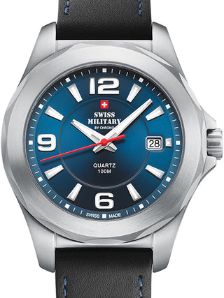 Front view of Swiss Military By Chrono SM34099.02 Blue Leather Unisex Watch on white background