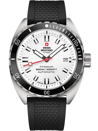 Angle shot of Swiss Military By Chrono SMA34100.08 Silver Dial Black Strap Unisex Watch on white background