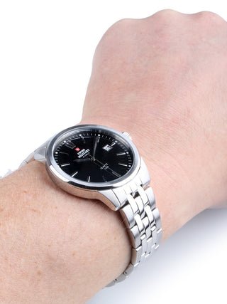 Angle shot of Swiss Military By Chrono SMP36009.01 Black Dial Silver Stainless Steel Unisex Watch on white background