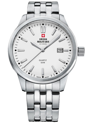 Angle shot of Swiss Military By Chrono SMP36009.02 White Dial Silver Stainless Steel Unisex Watch on white background