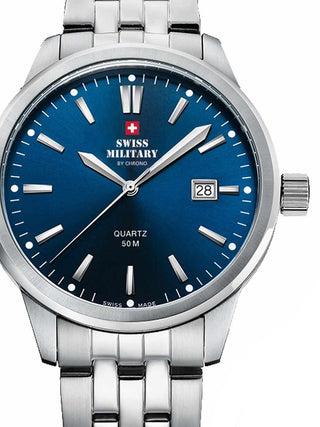 Front view of Swiss Military By Chrono SMP36009.03 Blue Dial Silver Stainless Steel Unisex Watch on white background