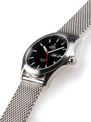 Angle shot of Swiss Military By Chrono SMP36040.01 Black Dial Silver Stainless Steel Unisex Watch on white background