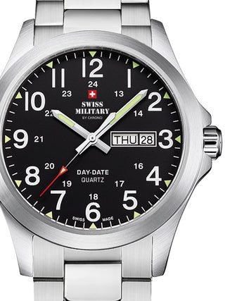 Front view of Swiss Military By Chrono SMP36040.25 Black Dial Silver Stainless Steel Unisex Watch on white background