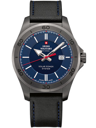 Angle shot of Swiss Military By Chrono SMS34074.05 Blue Dial Black Leather Unisex Watch on white background