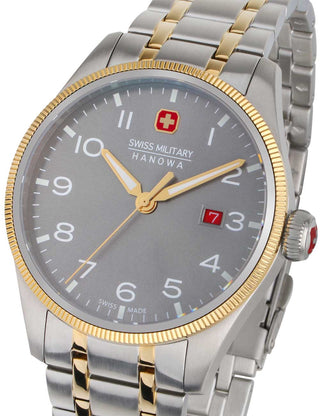 Front view of Swiss Military Hanowa SMWGH0000860 Grey Dial Gold Stainless Steel Unisex Watch on white background