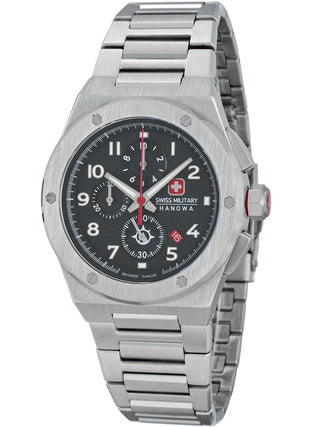 Angle shot of Swiss Military Hanowa Chronograph SMWGI2102001 Black Dial Silver Stainless Steel Unisex Watch on white background