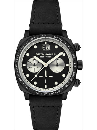 Front view of Spinnaker Chronograph SP-5068-08 Black Leather Unisex Watch on white background