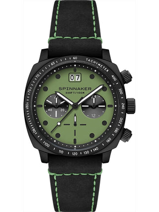 Front view of Spinnaker Chronograph SP-5068-0A Green Dial Black Leather Unisex Watch on white background