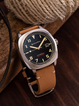 Angle shot of Spinnaker SP-5071-01 Black Dial Brown Leather Unisex Watch on white background