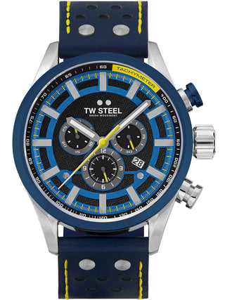 Angle shot of TW Steel Chronograph SVS208 Black Dial Blue Leather Unisex Watch on white background