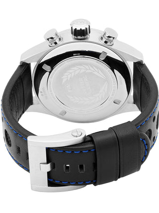 Angle shot of TW Steel Chronograph SVS305 Blue Dial Black Leather Unisex Watch on white background