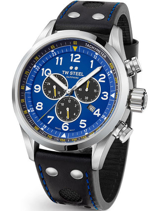 Angle shot of TW Steel Chronograph SVS305 Blue Dial Black Leather Unisex Watch on white background