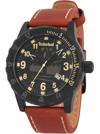 Front view of Timberland TBL15473JLB.02 Black Dial Brown Leather Unisex Watch on white background