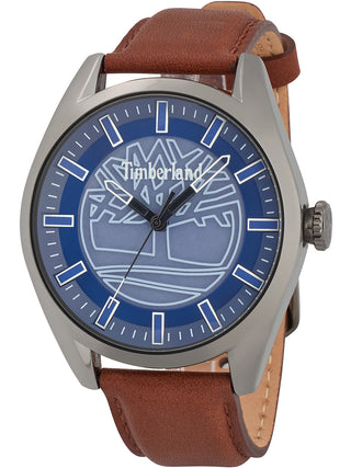 Front view of Timberland TBL16005JYU.03 Blue Dial Brown Leather Unisex Watch on white background