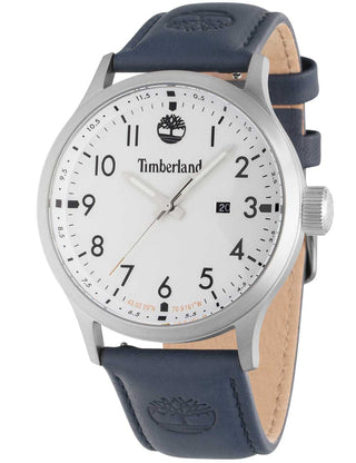 Front view of Timberland TDWGB0010102 White Dial Blue Leather Unisex Watch on white background