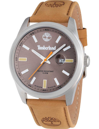 Front view of Timberland TDWGB0010803 Grey Dial Brown Leather Unisex Watch on white background