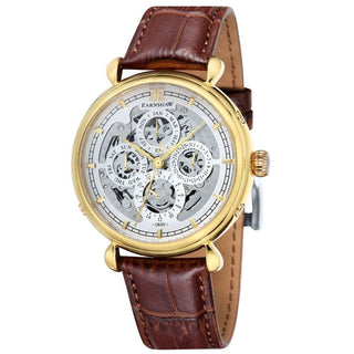 Front view of Thomas Earnshaw Grand Calendar ES-8043-03 White Dial Brown Leather Mens Watch on white background