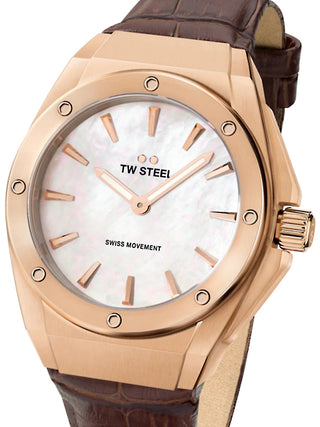 Front view of TW Steel CE4034 Mother Of Pearl Dial Brown Leather Womens Watch on white background