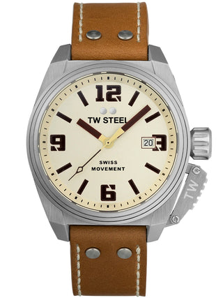 Angle shot of TW Steel TW1100 Brown Leather Unisex Watch on white background