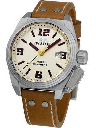 Angle shot of TW Steel TW1100 Brown Leather Unisex Watch on white background