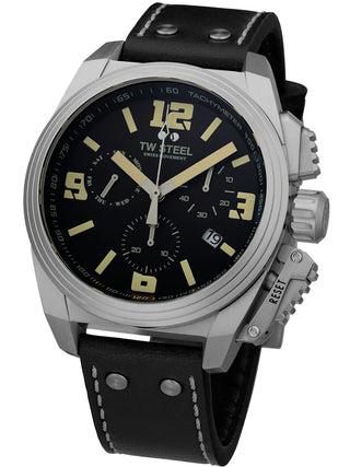 Angle shot of TW Steel Chronograph TW1111 Black Leather Unisex Watch on white background