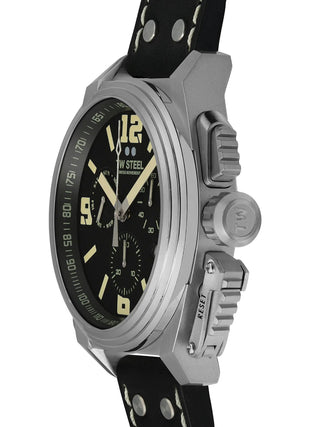 Angle shot of TW Steel Chronograph TW1111 Black Leather Unisex Watch on white background