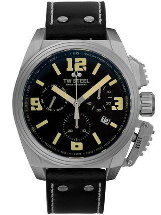 Angle shot of TW Steel Chronograph TW1111 Black Leather Unisex Watch on white background