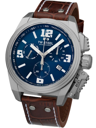 Angle shot of TW Steel Chronograph TW1113 Blue Dial Brown Leather Unisex Watch on white background