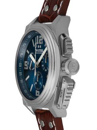 Angle shot of TW Steel Chronograph TW1113 Blue Dial Brown Leather Unisex Watch on white background