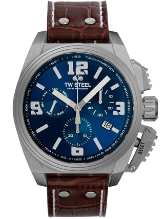 Angle shot of TW Steel Chronograph TW1113 Blue Dial Brown Leather Unisex Watch on white background