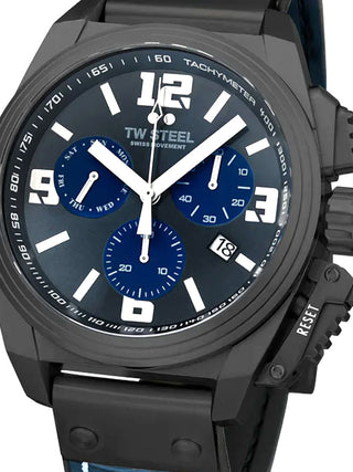 Front view of TW Steel Chronograph TW1117 Black Dial Blue Silicone Unisex Watch on white background