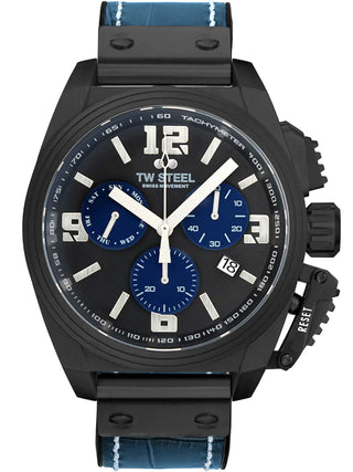 Angle shot of TW Steel Chronograph TW1117 Black Dial Blue Silicone Unisex Watch on white background