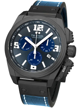 Angle shot of TW Steel Chronograph TW1117 Black Dial Blue Silicone Unisex Watch on white background