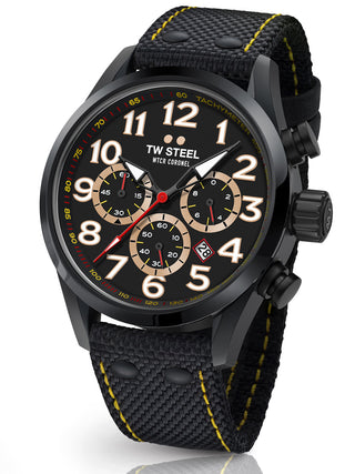 Angle shot of TW Steel Chronograph TW978 Black Leather Unisex Watch on white background