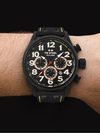 Angle shot of TW Steel Chronograph TW978 Black Leather Unisex Watch on white background