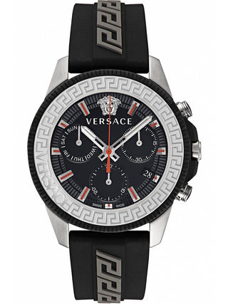 Front view of Versace Chronograph VE3J00222 Black Silicone Unisex Watch on white background