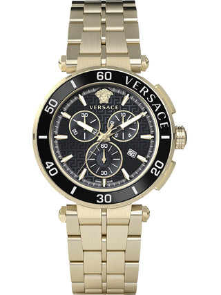 Front view of Versace Chronograph VE3L00522 Black Dial Gold Stainless Steel Mens Watch on white background