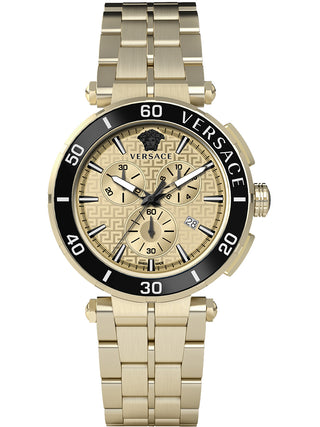 Front view of Versace Chronograph VE3L00622 Gold Stainless Steel Unisex Watch on white background