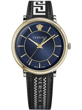 Front view of Versace VE5A01821 Blue Dial Black Leather Mens Watch on white background