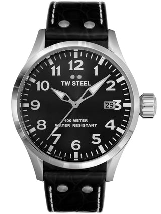 Angle shot of TW Steel VS100 Black Leather Unisex Watch on white background